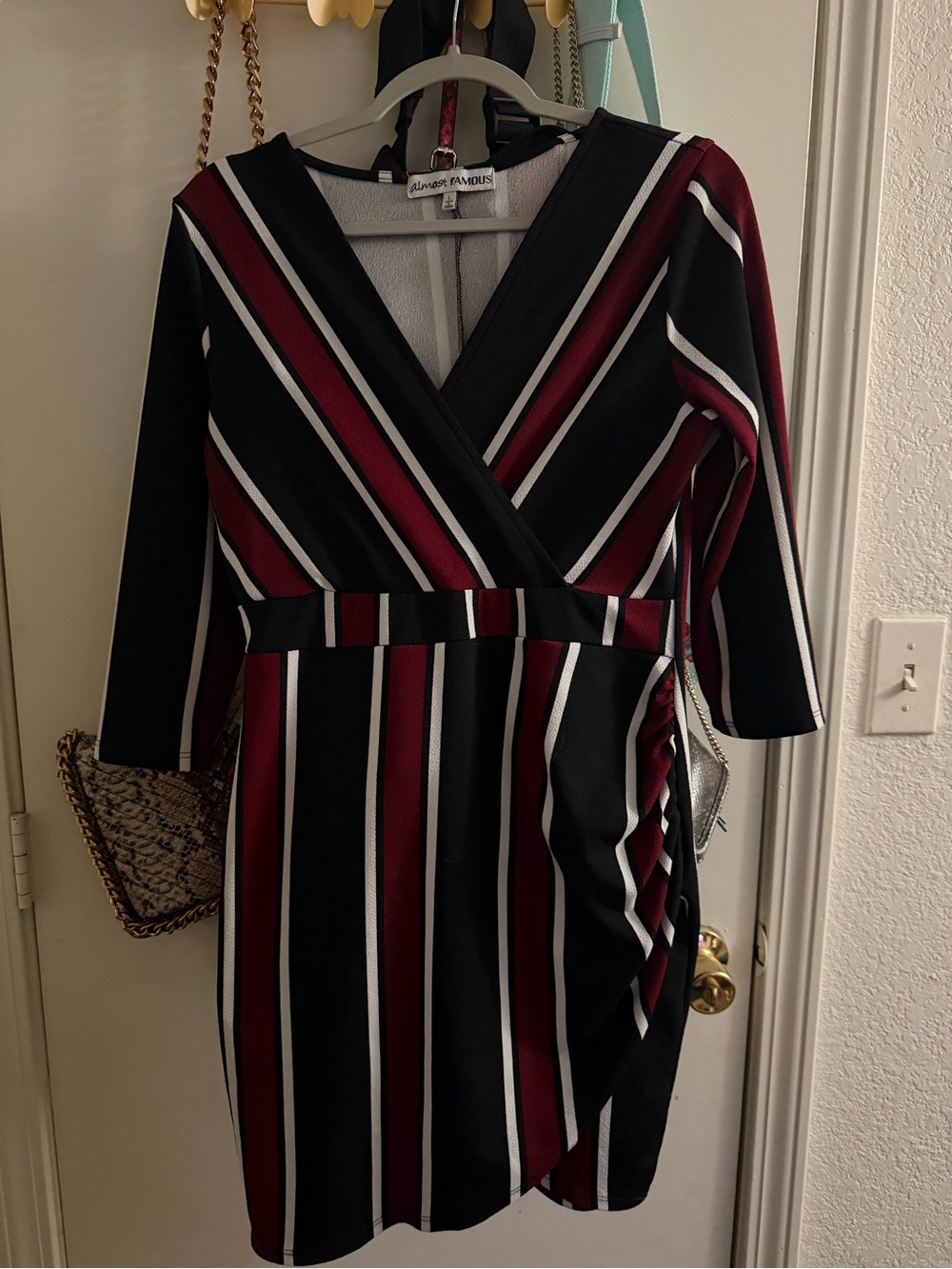 Almost Famous Black and Burgundy Striped Wrap Midi Dress